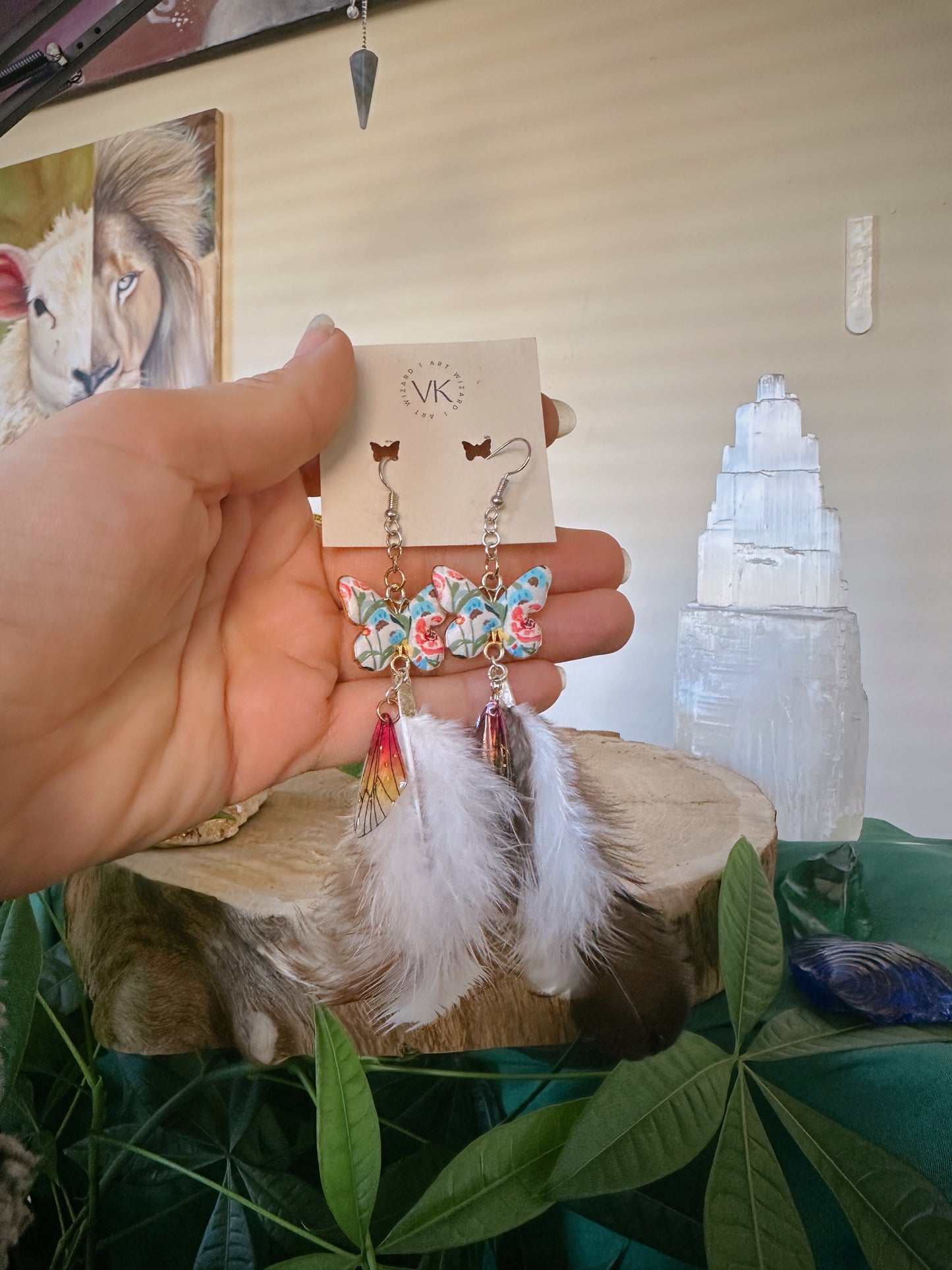 White & Pink Butterfly Feather Earrings