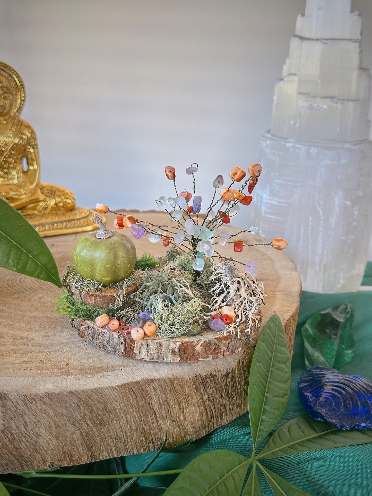 Fall Festive Green Pumpkin Gemstone Tree of Life