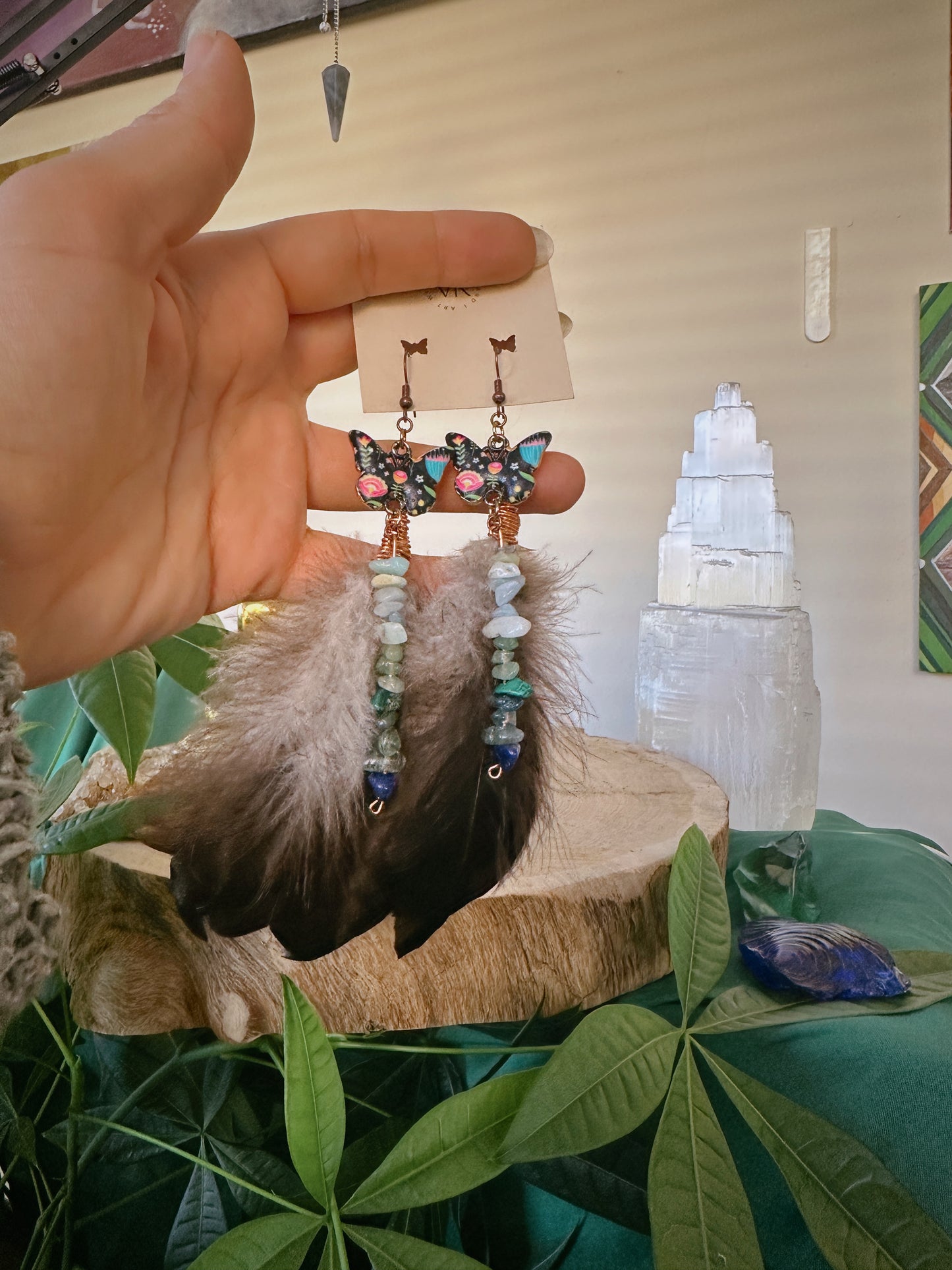 Butterfly & Gemstone Feather Earrings