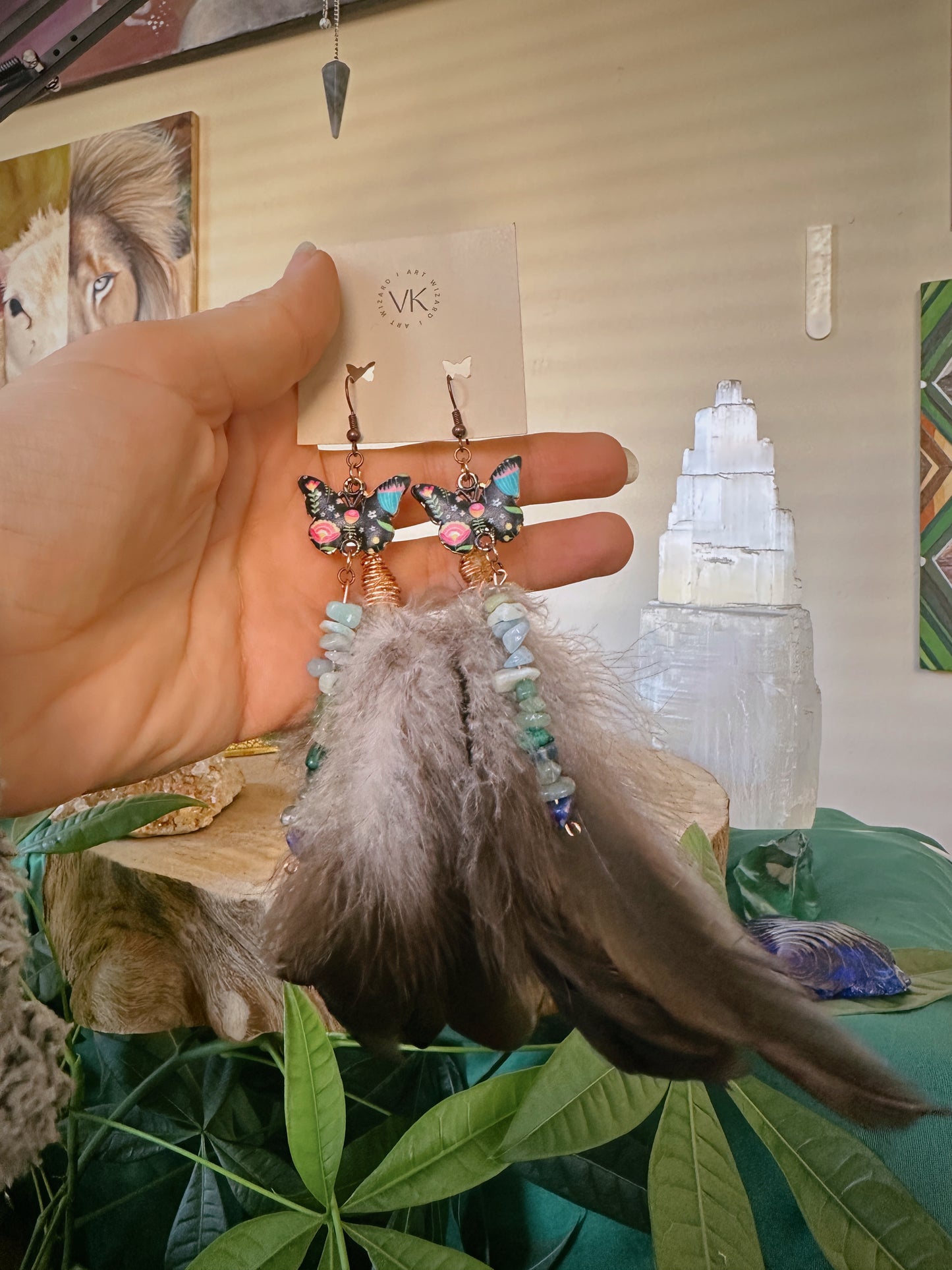 Butterfly & Gemstone Feather Earrings