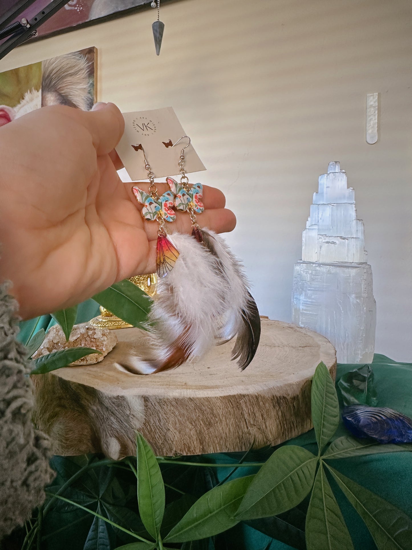 White & Pink Butterfly Feather Earrings