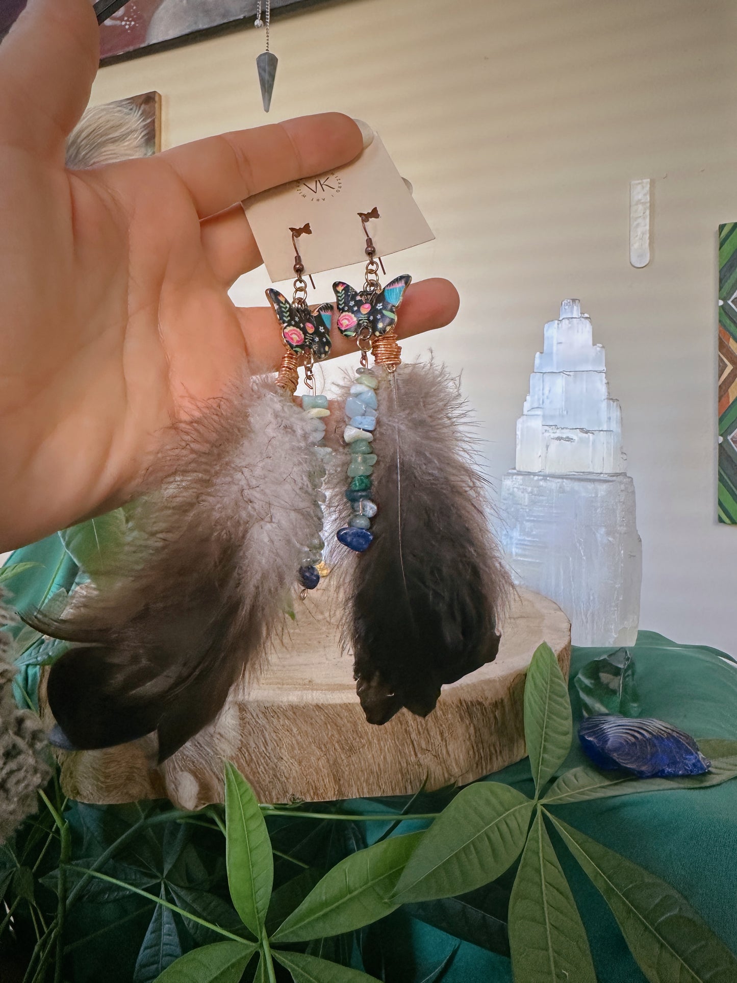 Butterfly & Gemstone Feather Earrings