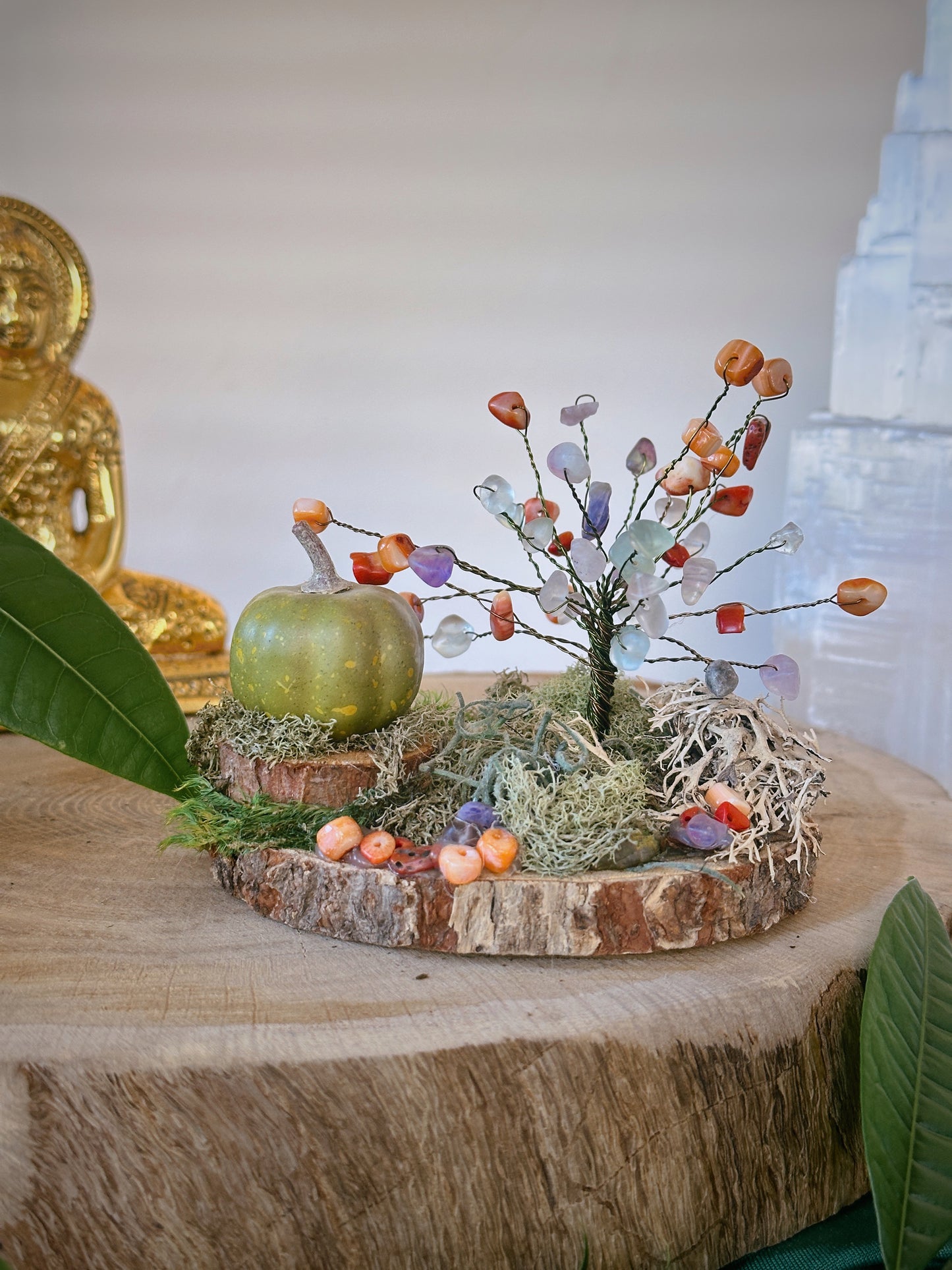 Fall Festive Green Pumpkin Gemstone Tree of Life