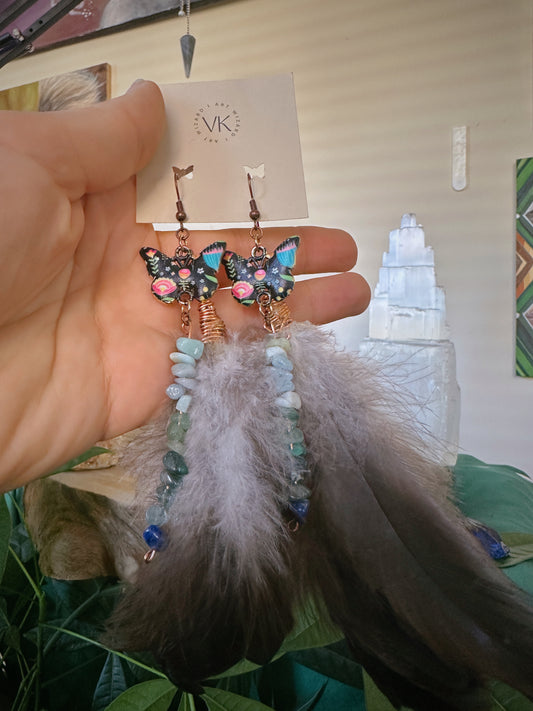 Butterfly & Gemstone Feather Earrings