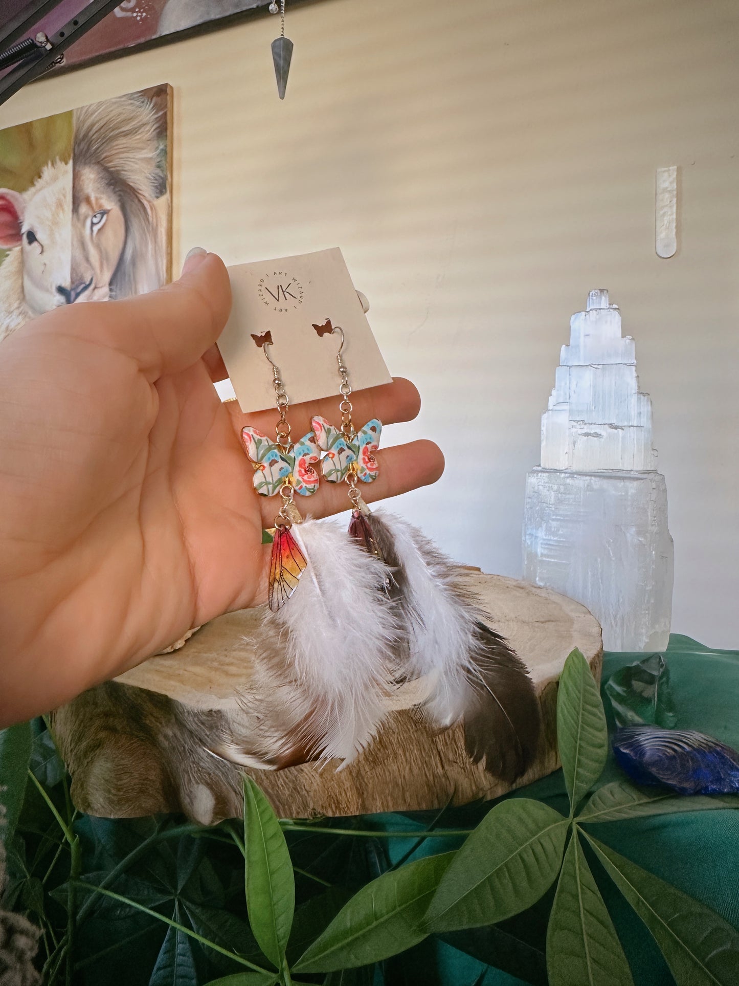 White & Pink Butterfly Feather Earrings
