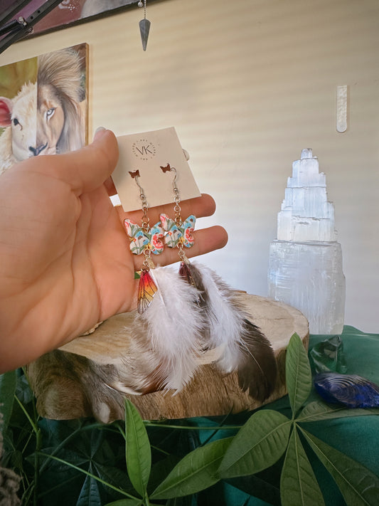 White & Pink Butterfly Feather Earrings